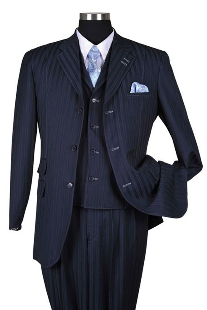 Mens 3 Button Vested Fashion Ton on Ton Suit with Contrast Stitching in Navy