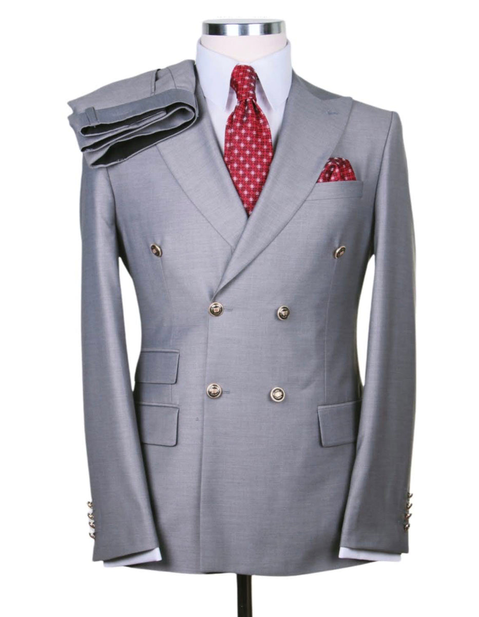 Designer Mens Double Breasted Gold Button Suit in Light Grey ...