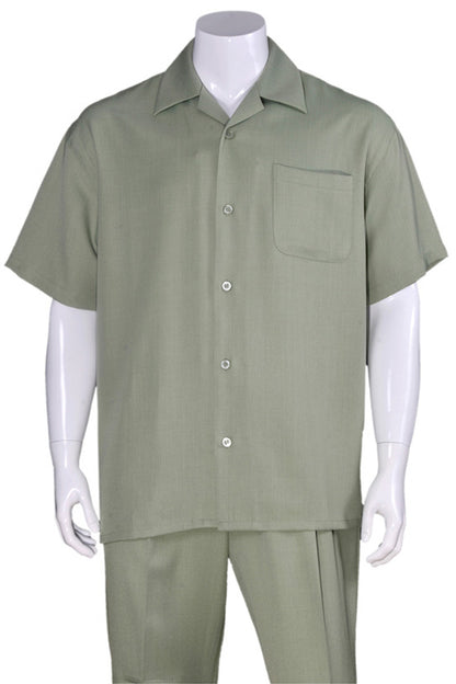 Men’s Solid Light Olive Short Sleeve Walking Suit with Matching Pants, Casual Summer Dress Outfit