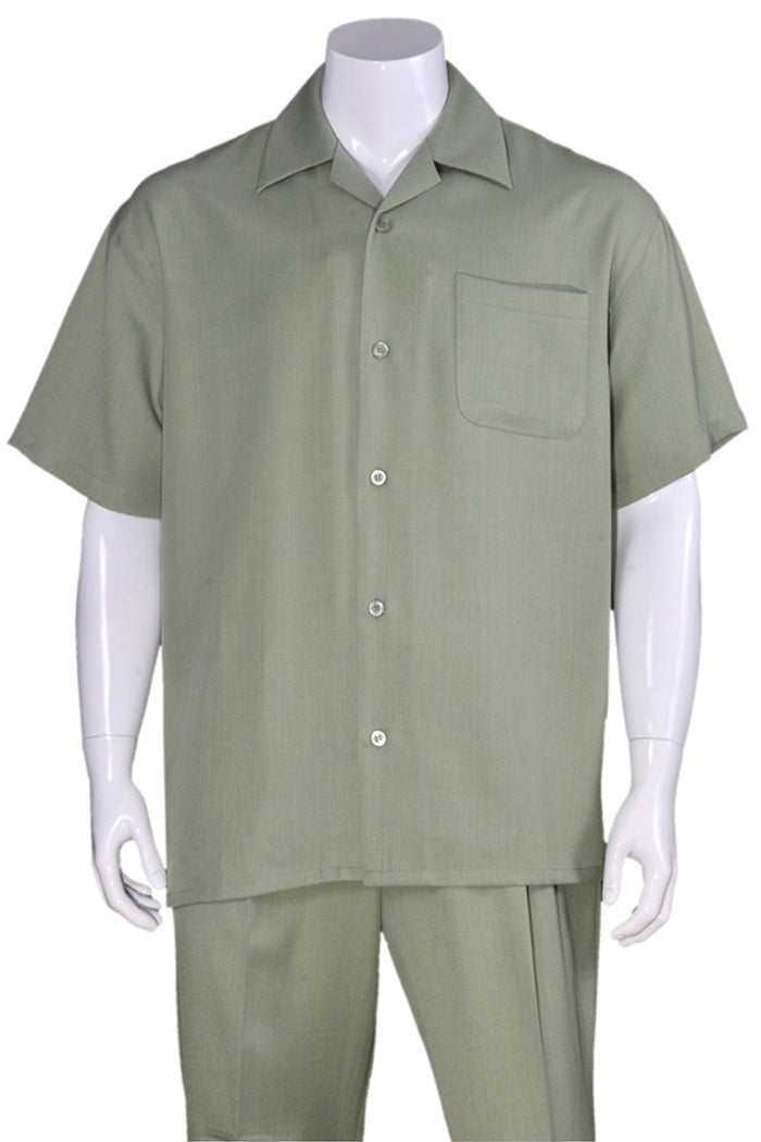 Men’s Solid Light Olive Short Sleeve Walking Suit with Matching Pants, Casual Summer Dress Outfit