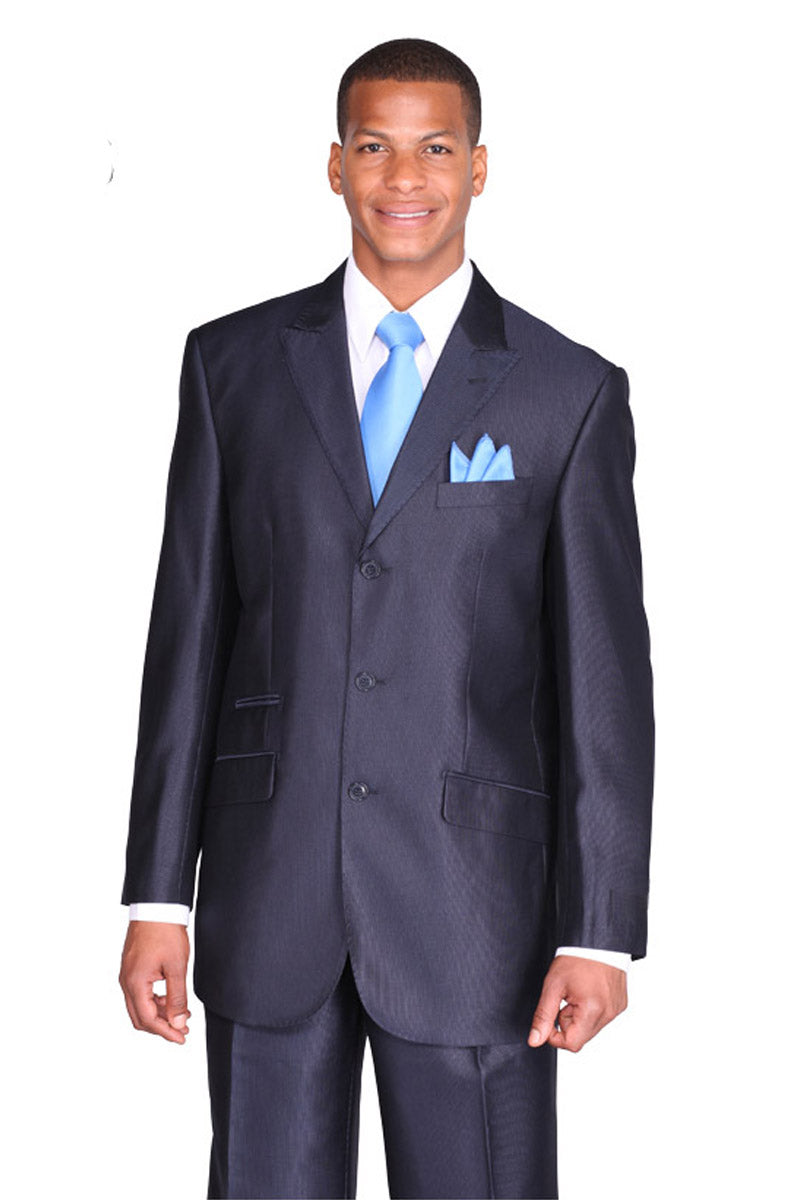 Mens 3 Button Classic Fit Tonal Sharkskin Peak Lapel Suit in Navy