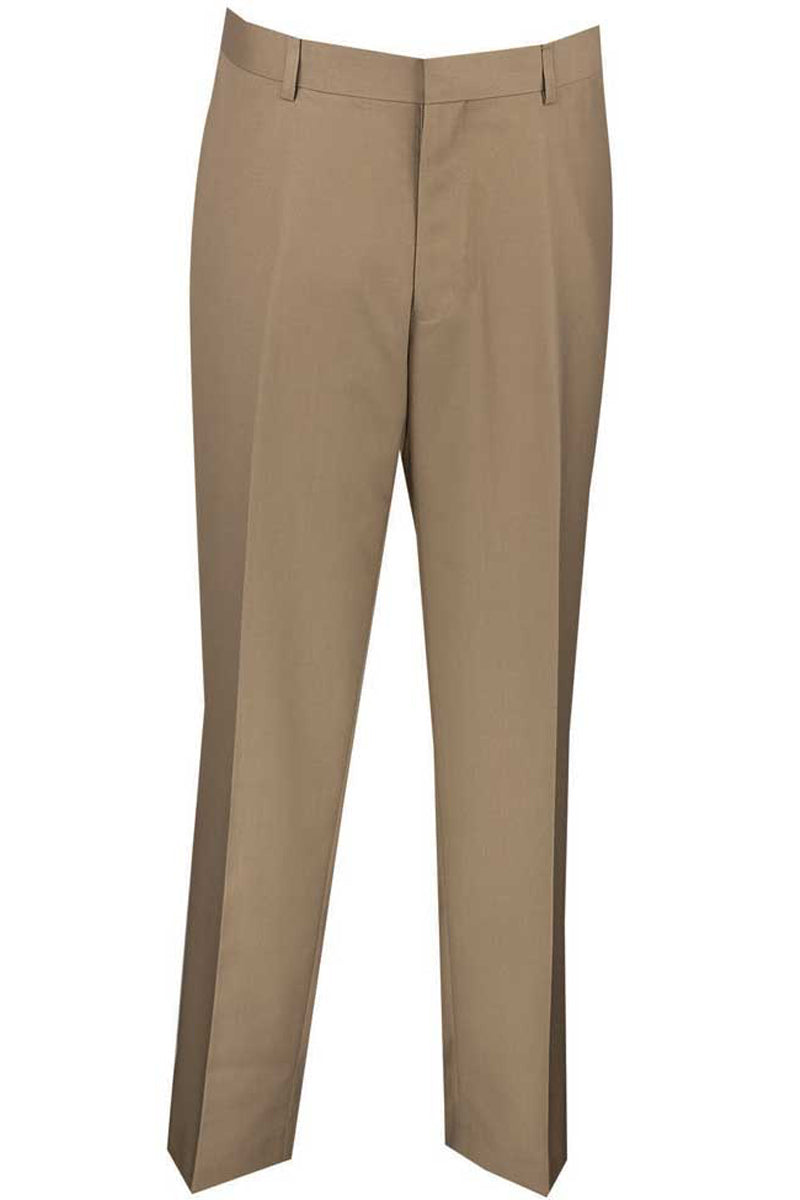 Mens Slim Fit Wool Feel Flat Front Dress Slacks in Khaki