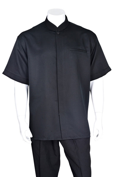 Mens Short Sleeve Banded Mandarin Collar Walking Suit in Black