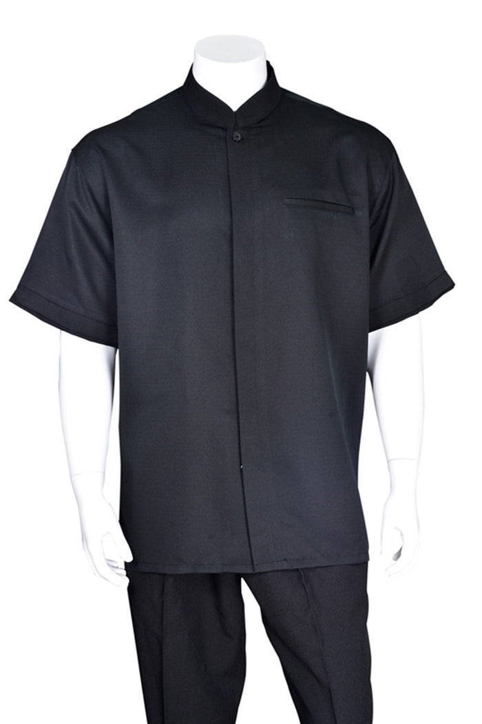 Mens Short Sleeve Banded Mandarin Collar Walking Suit in Black
