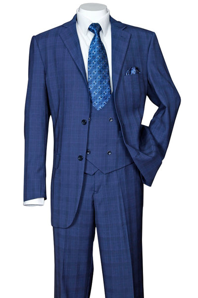 Mens 2 Button Plaid Double Breasted Fancy Scoop Vest Suit in Navy 1 5702V6-Navy-38R  - from alligatorwarehouse.com