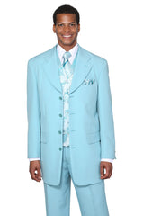 Mens 3/4 Length 4 button Contrast Stitching Suit with Paisley Vest in Aqua