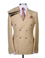Designer Mens Double Breasted Gold Button Suit in Camel