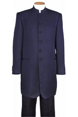 Mens 6 Button Long Mandarin Banded Collar Suit in Navy