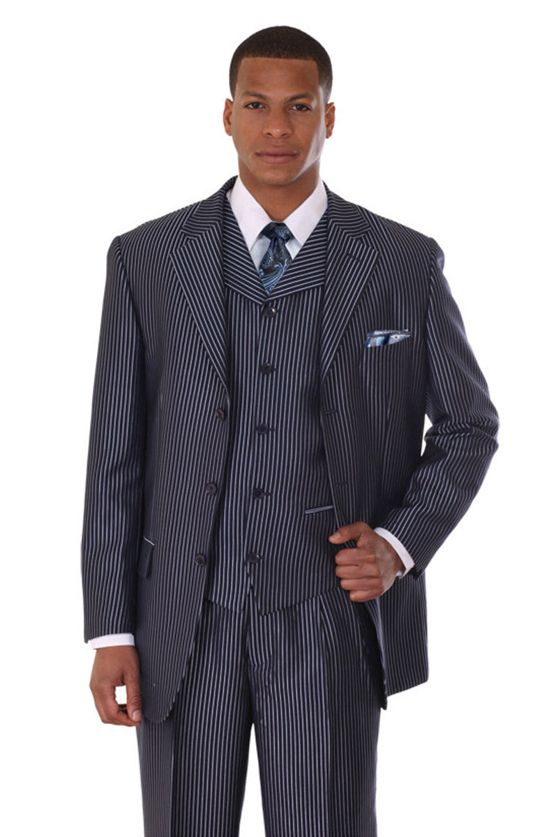 Mens 3 Button Vested Tonal Stripe Suit in Navy