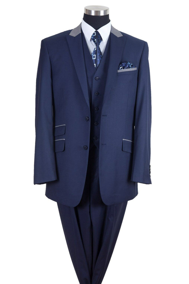 Mens Vested Peak Lapel with Contrast Collar Suit in Navy/Grey