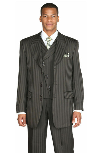 Mens Vested Wide Peak Lapel Ton on Ton Stripe Fashion Suit in Olive 1 29197V-Olive-38R  - from alligatorwarehouse.com