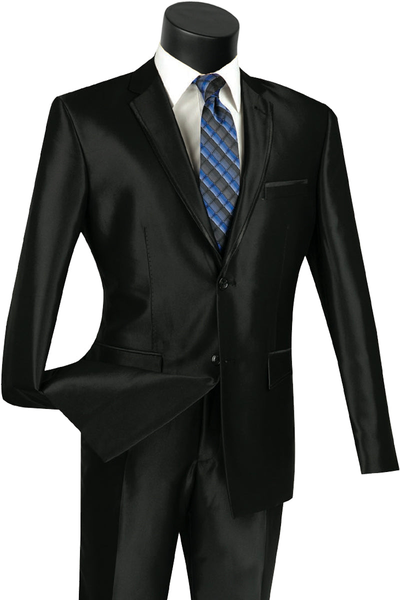 Mens Slim Fit Shiny Sharkskin Suit with Trim in Black