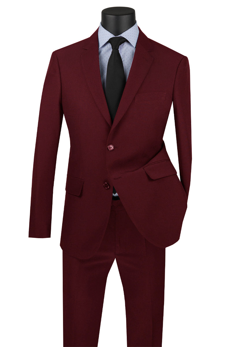 Mens Basic 2 Button Classic Fit Rayon Fabric Suit in Burgundy
