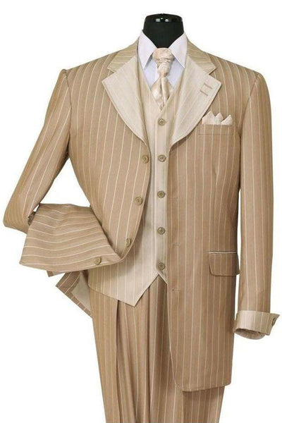 Mens 4 Button Vested Contrast Collar Fashion Pinstripe Suit in Tan