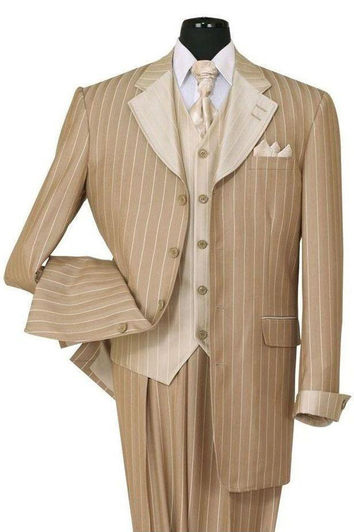 Mens 4 Button Vested Contrast Collar Fashion Pinstripe Suit in Tan
