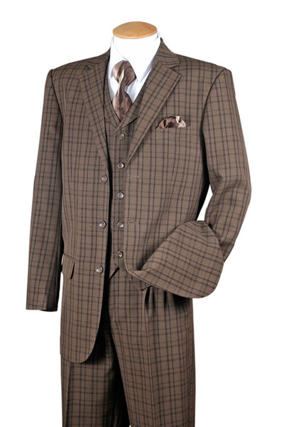 Mens 3 Button Vested 1920's Gangster Plaid Suit in Brown
