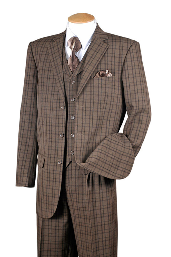 Mens 3 Button Vested 1920's Gangster Plaid Suit in Brown