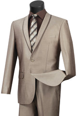 Mens One Button Shawl Tuxedo Suit With Trim in Beige