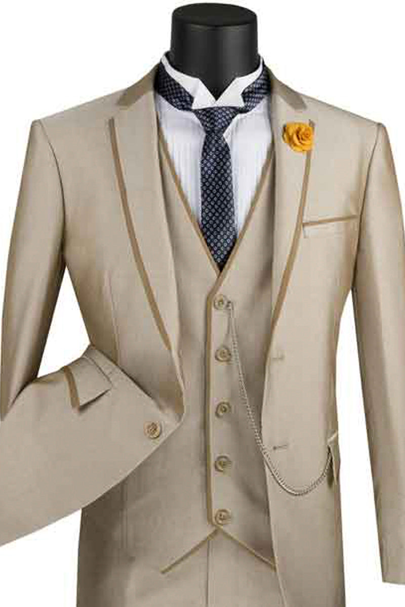 Mens Ultra Slim Fit Vested Suit with Trim in Taupe