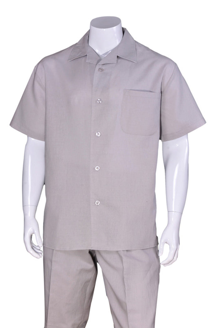 Men’s Light Grey 100% Linen Walking Suit, Short Sleeve Shirt and Pants Casual Leisure Set