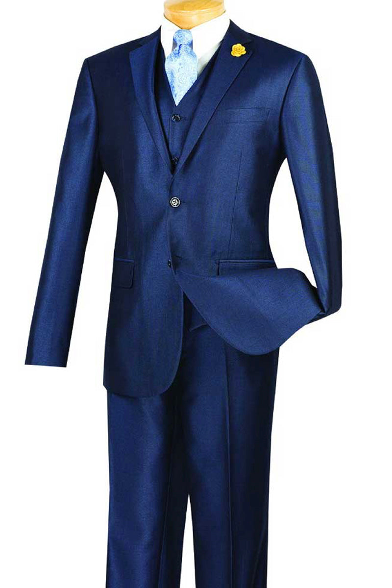 Mens Vested Slim Fit Shiny Sharkskin Suit in Blue